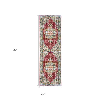 8' Orange Red And Gold Medallion Runner Rug
