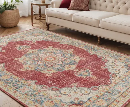 5' X 8' Orange Red And Gold Medallion Area Rug