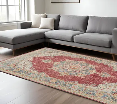 8' X 10' Orange Red And Gold Medallion Area Rug