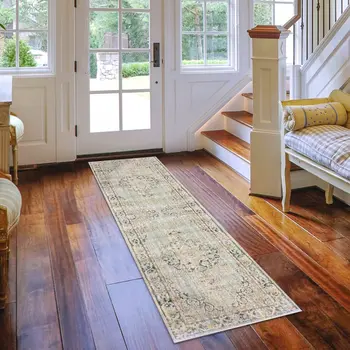 8' Green And Light Gray Medallion Runner Rug