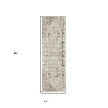 8' Green And Light Gray Medallion Runner Rug
