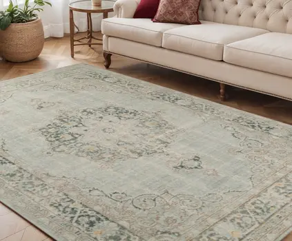 5' X 8' Green And Light Gray Medallion Area Rug