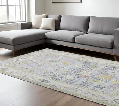 9' X 13' Ivory Blue And Charcoal Floral Area Rug
