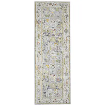 8' Ivory Blue And Charcoal Floral Runner Rug