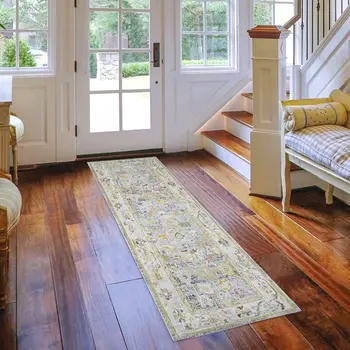 8' Ivory Blue And Charcoal Floral Runner Rug