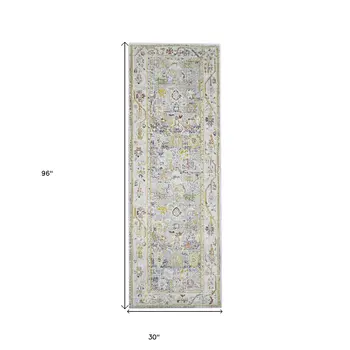 8' Ivory Blue And Charcoal Floral Runner Rug