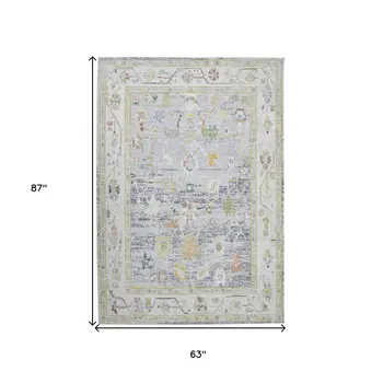 5' X 8' Ivory Blue And Charcoal Floral Area Rug