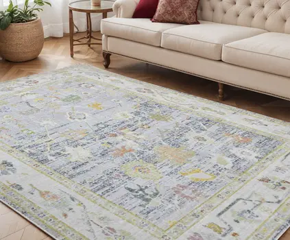 5' X 8' Ivory Blue And Charcoal Floral Area Rug