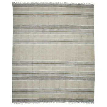 9' X 12' Gray And Brown Striped Flatweave Handmade Distressed Area Rug With Fringe