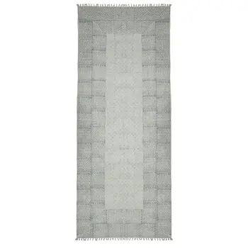 8' Blue Geometric Flatweave Handmade Distressed Runner Rug With Fringe
