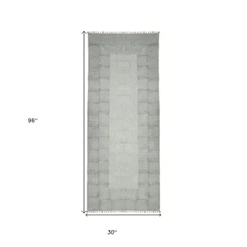 8' Blue Geometric Flatweave Handmade Distressed Runner Rug With Fringe