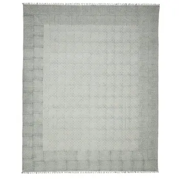 9' X 12' Gray And Blue Geometric Flatweave Handmade Distressed Area Rug With Fringe
