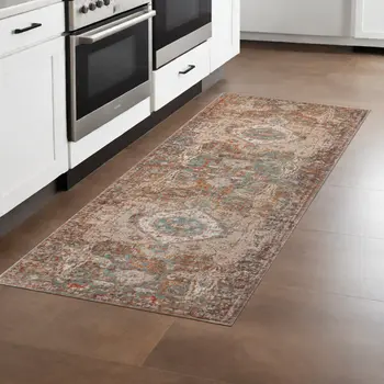 7' Beige Gray and Taupe Medallion Power Loom Runner Rug