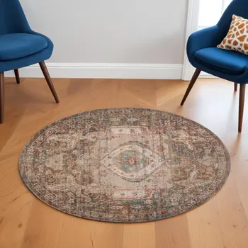 6' Beige Gray and Taupe Medallion Power Loom Round Rug