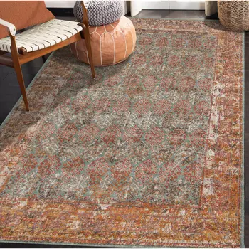 7' X 9' Teal And Orange Medallion Distressed Area Rug