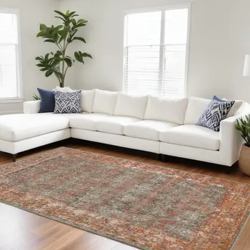 7' X 9' Teal And Orange Medallion Distressed Area Rug