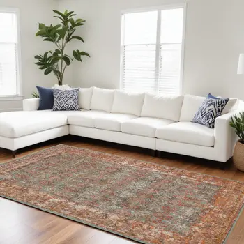 10' X 14' Teal And Orange Medallion Worn/Fade Area Rug