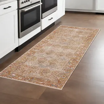 7' Beige And Orange Southwestern Runner Rug