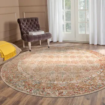 6' Beige And Orange Southwestern Round Rug