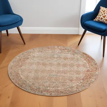 6' Beige And Orange Southwestern Round Rug