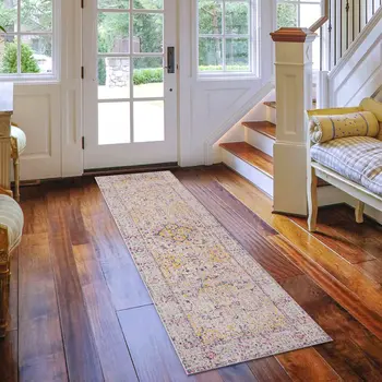 7' Ivory And Yellow Oriental Runner Rug