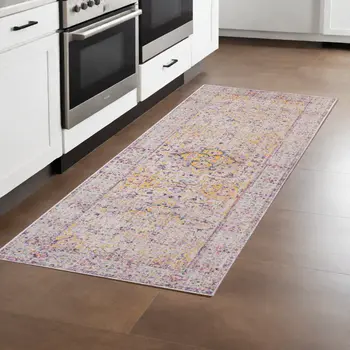 7' Ivory And Yellow Oriental Runner Rug