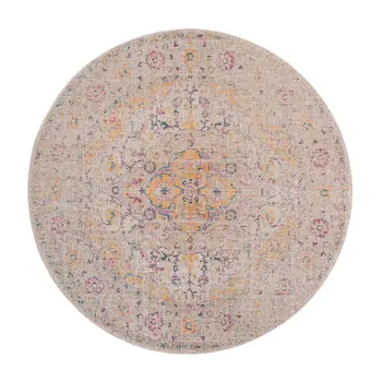 6' Ivory And Yellow Oriental Distressed Round Rug