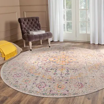 6' Ivory And Yellow Oriental Distressed Round Rug