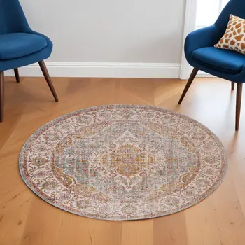 6' Orange Oriental Distressed Round Rug