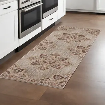 7' Beige And Rust Medallion Runner Rug