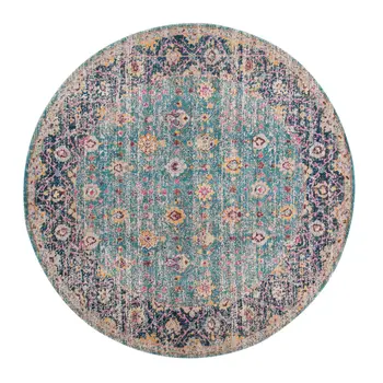 6' Teal And Orange Floral Distressed Round Rug