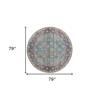 6' Teal And Orange Floral Distressed Round Rug
