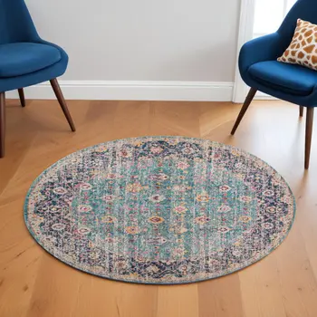 6' Teal And Orange Floral Distressed Round Rug