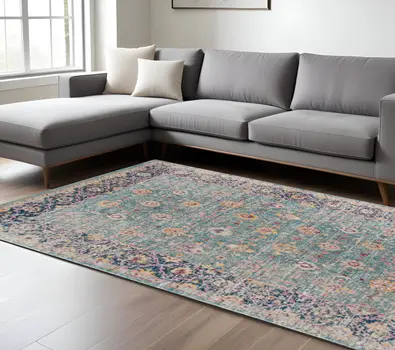 9' X 12' Teal And Orange Floral Area Rug