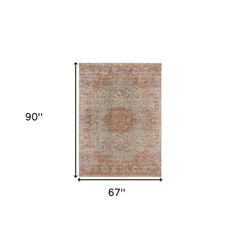 6' X 8' Teal Red And Orange Medallion Area Rug