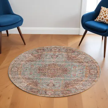 6' Teal Red And Orange Medallion Round Rug