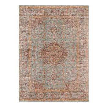 7' X 9' Teal Red And Orange Medallion Area Rug