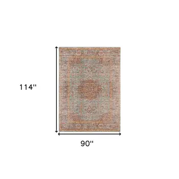 7' X 9' Teal Red And Orange Medallion Area Rug