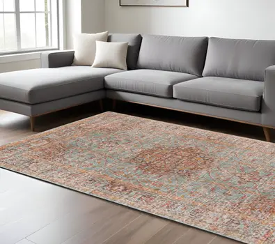 9' X 12' Teal Red And Orange Medallion Area Rug
