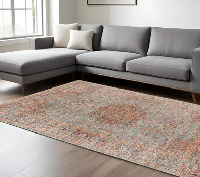 10' X 14' Teal Red And Orange Medallion Area Rug