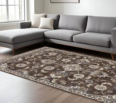 8' X 10' Ivory Blue And Brown Floral Area Rug