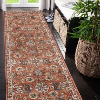 10' Ivory Blue and Orange Floral Power Loom Runner Rug