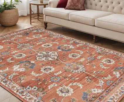 5' X 8' Ivory Blue and Orange Floral Power Loom Area Rug