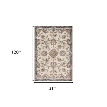 10' Ivory Navy and Orange Floral Power Loom Runner Rug