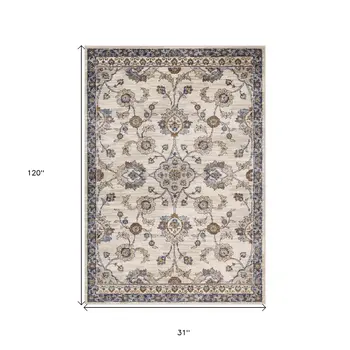 10' Ivory And Charcoal Floral Runner Rug