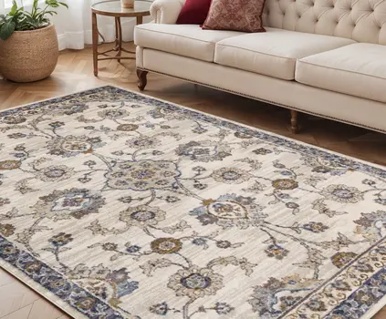 5' X 8' Ivory And Charcoal Floral Area Rug