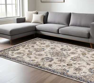 9' X 12' Ivory And Charcoal Floral Area Rug