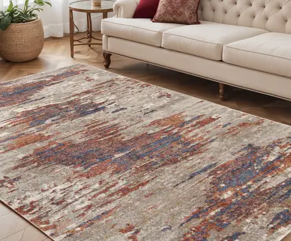 5' X 8' Beige Rust And Blue Abstract Area Rug