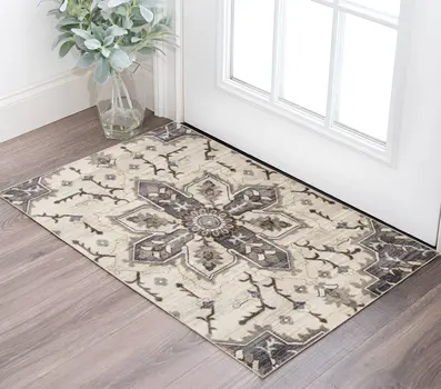 2' X 3' Ivory Gray And Black Floral Medallion Area Rug