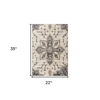 2' X 3' Ivory Gray And Black Floral Medallion Area Rug